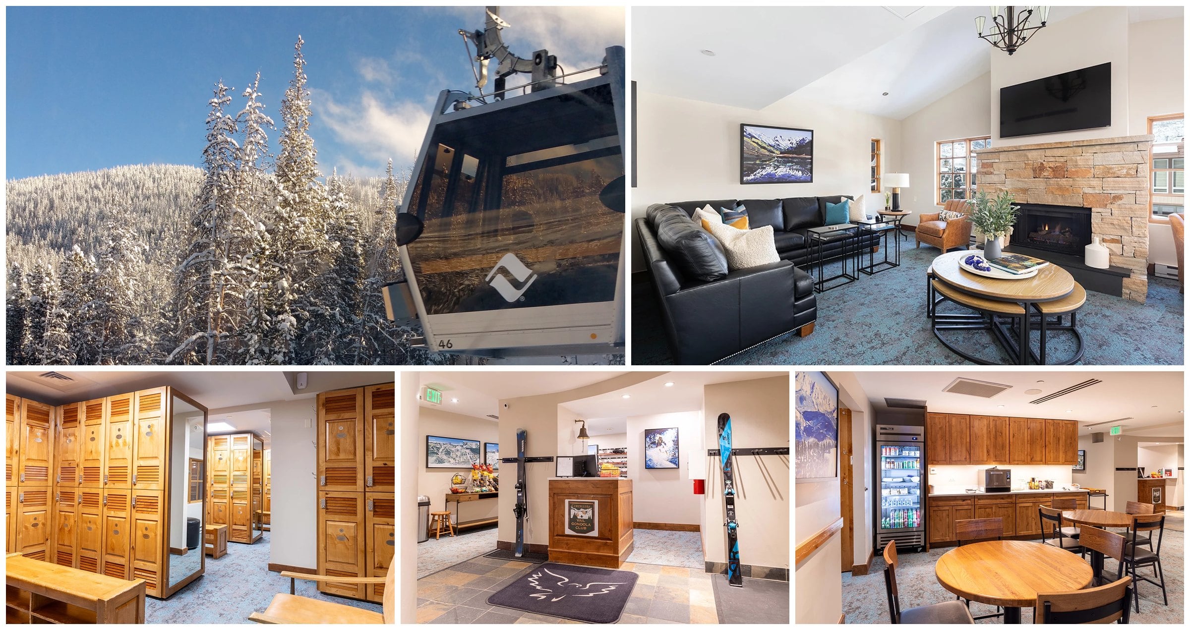 Cordillera Vail Gondola Club at Gondola One in Vail: the gondola, hearth room, ski lockers, ski check and member lounge