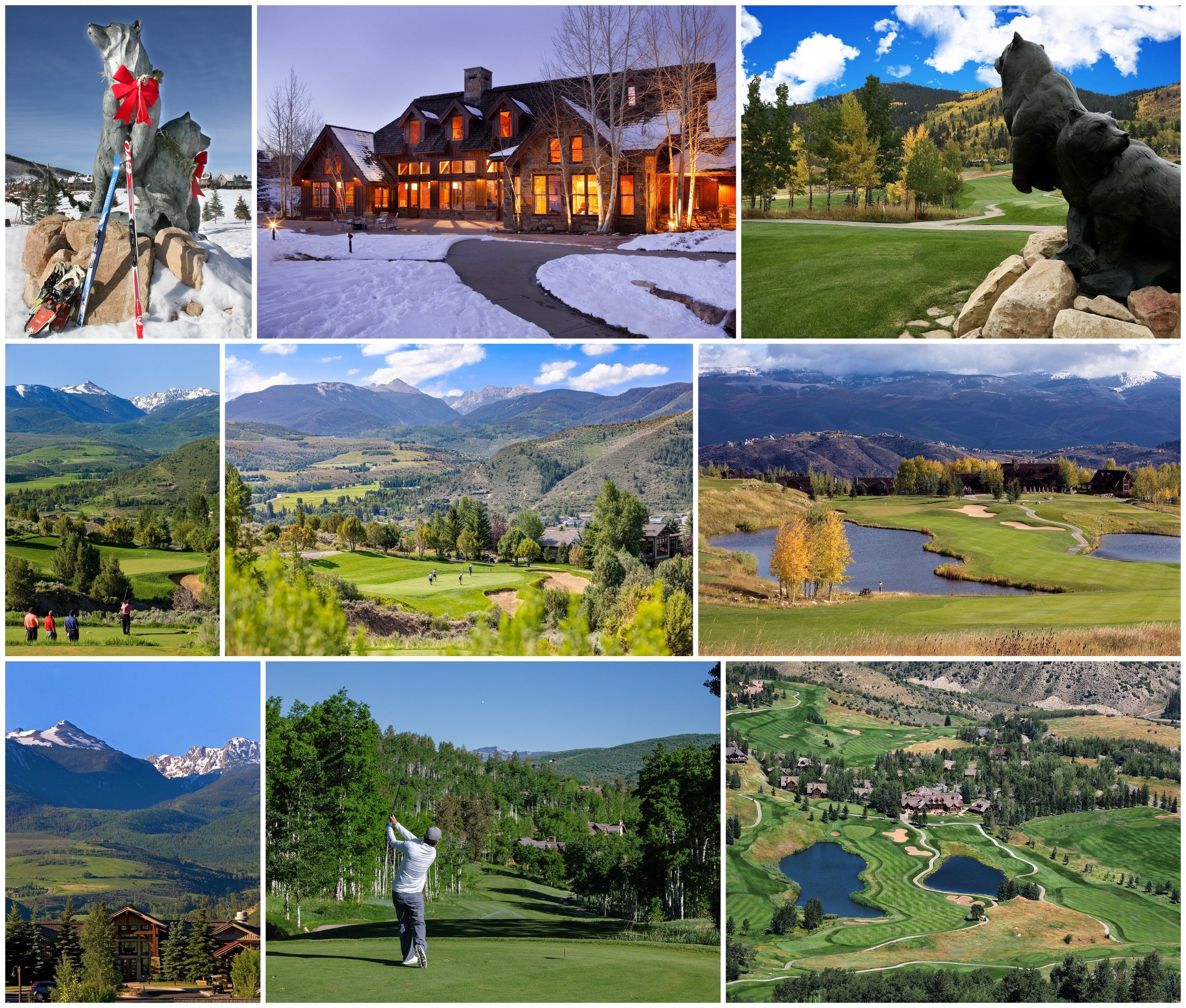 The Club at Cordillera: TimberHearth at the Mountain Course clubhouse in winter, the bear statues, and golf on the Valley, Mountain and Summit courses