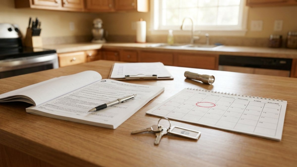 Residential purchase contract, pen, key ring, flashlight, and a wall calendar with one day circled on a kitchen counter — the inspection period deadline on a Florida AS IS contract