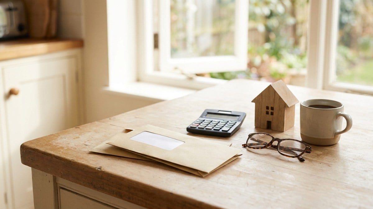 Property tax notice, calculator, reading glasses, and a model house on a kitchen counter — property taxes after buying in Winter Garden