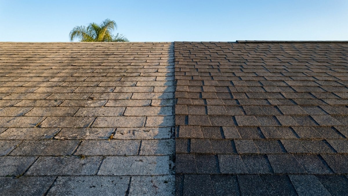 Older faded asphalt shingles next to newly installed shingles on a Florida roof — roof age and homeowners insurance when selling in Winter Garden
