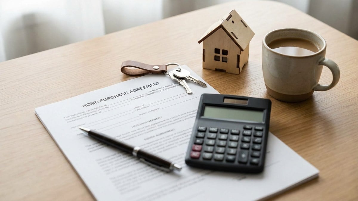 Home purchase agreement, calculator, house keys, and a model house on a closing table — seller concessions in Winter Garden, Clermont, and Ocoee