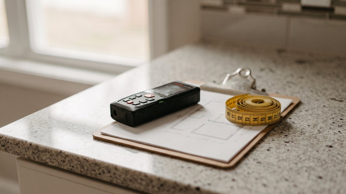 Laser distance measurer, tape measure and clipboard on a granite counter, for a post on what happens when an appraisal comes in low