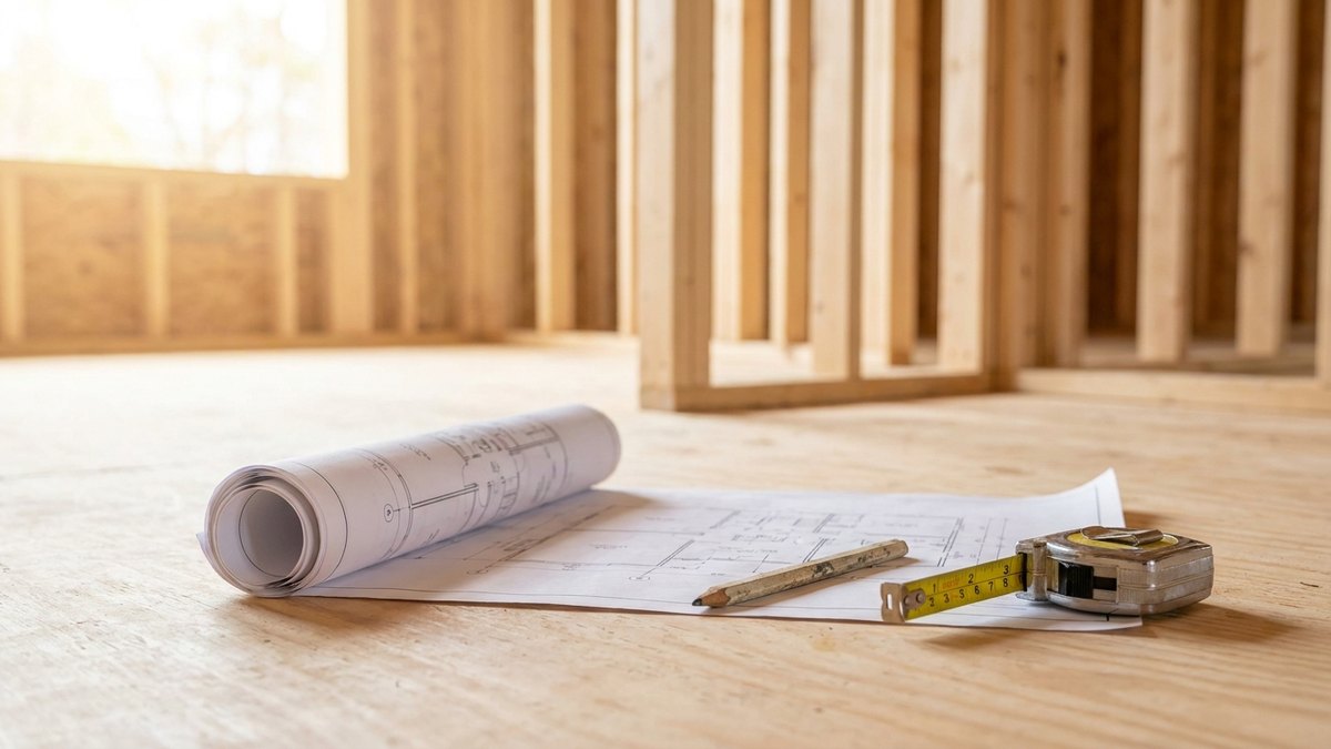 Rolled blueprints, a pencil and a tape measure on the plywood subfloor of a framed new-construction home, for a post on builder incentives versus price