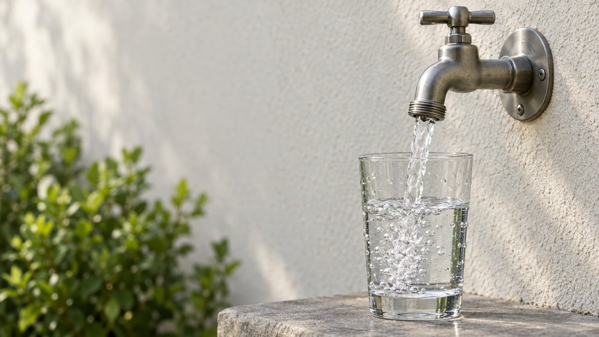 AI-generated editorial illustration of an unbranded outdoor tap filling a clear glass, for a Florida private-well buyer checklist; not a named property or evidence of tested water quality.