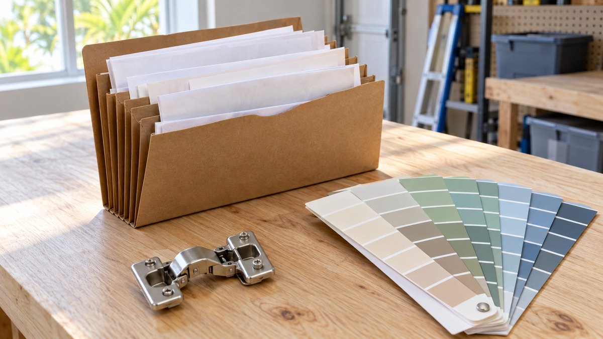 Accordion file of receipts, paint swatches and a cabinet hinge on a garage workbench, for a post on capital gains tax when selling a Florida home
