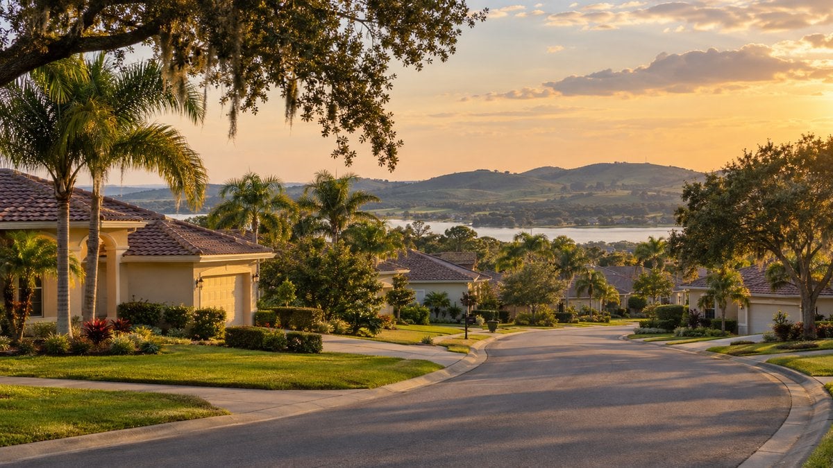 Residential street of single-story Florida homes with palm trees and rolling hills at sunset, representing the Clermont housing market