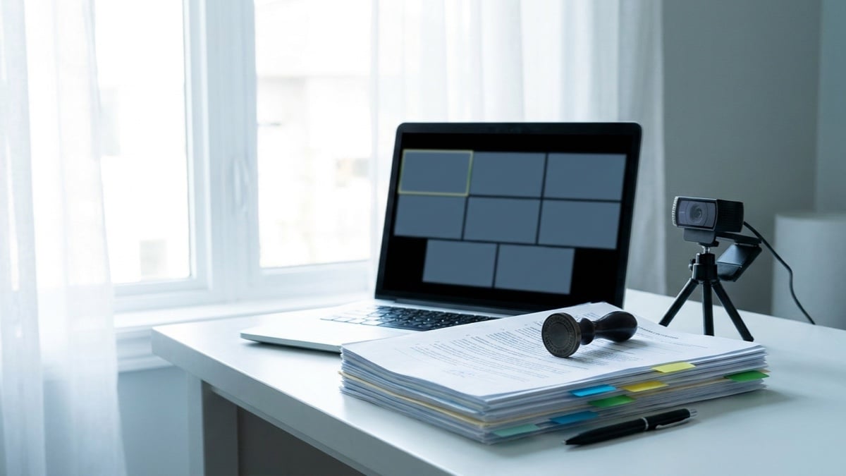 AI-generated editorial illustration of a home office desk set up for a remote closing: an open laptop showing an empty video-conference grid, an external webcam on a tripod, a thick stack of closing documents with colored signature tabs, and a round notary embosser seal resting on the papers. Not a particular property or an actual closing.