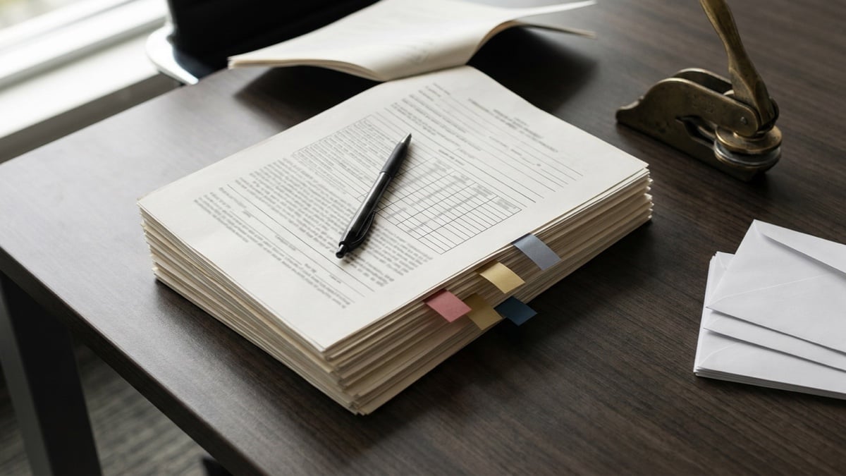 AI-generated editorial illustration of a settlement table holding a thick stack of mortgage closing documents, a ruled cost table on the top page, colored page flags marking places in the stack, a black pen, a brass notary embosser and plain white envelopes in soft window light. Not a particular property or transaction.