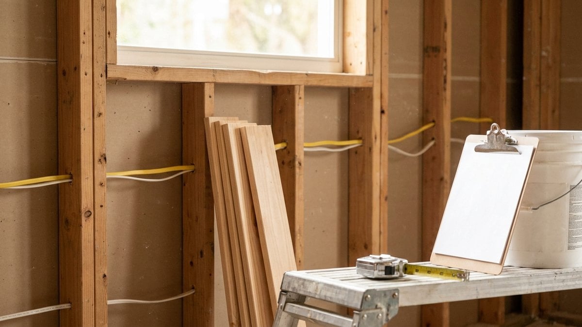 Open stud wall with wiring and a clipboard on a work table during a remodel, for a post on contractor liens and closing