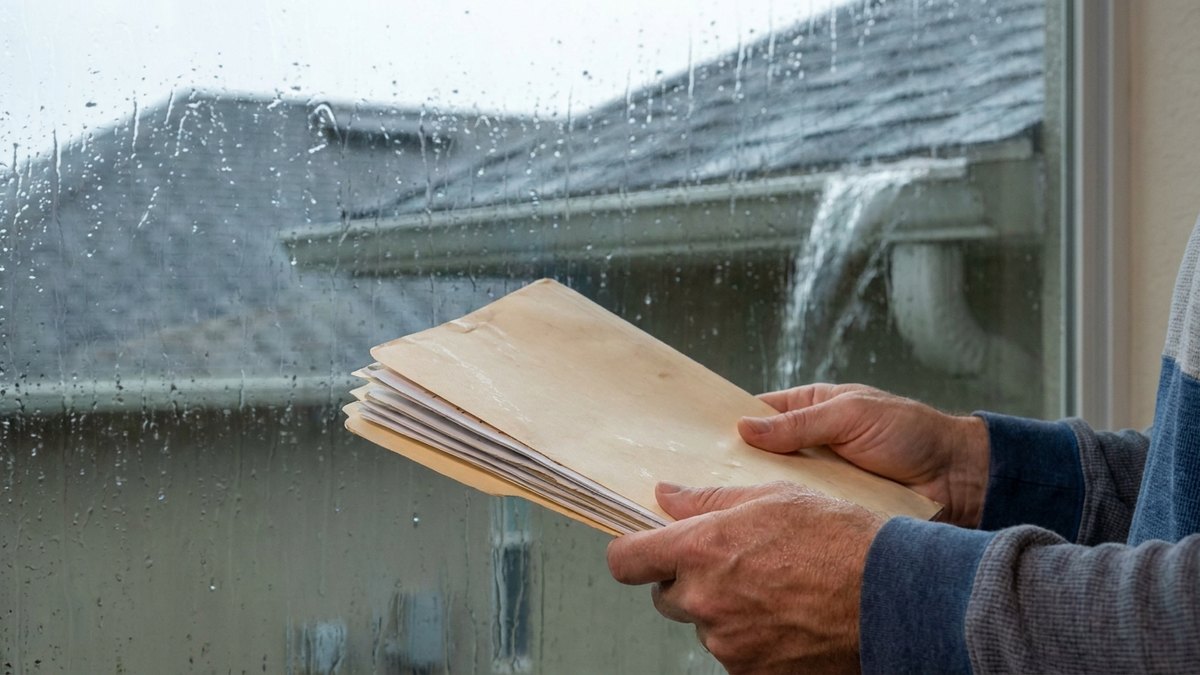 Hands holding an insurance folder at a rain-streaked window with water pouring off a roof gutter, for a post on Florida's flood insurance requirement