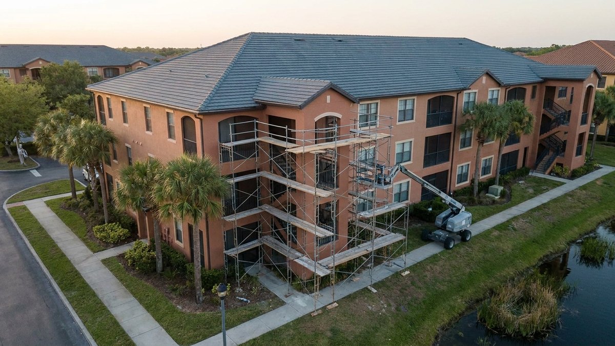 Mid-rise Florida condominium with scaffolding on one wing beside a pond, for a post on condo structural integrity reserve studies and milestone inspections