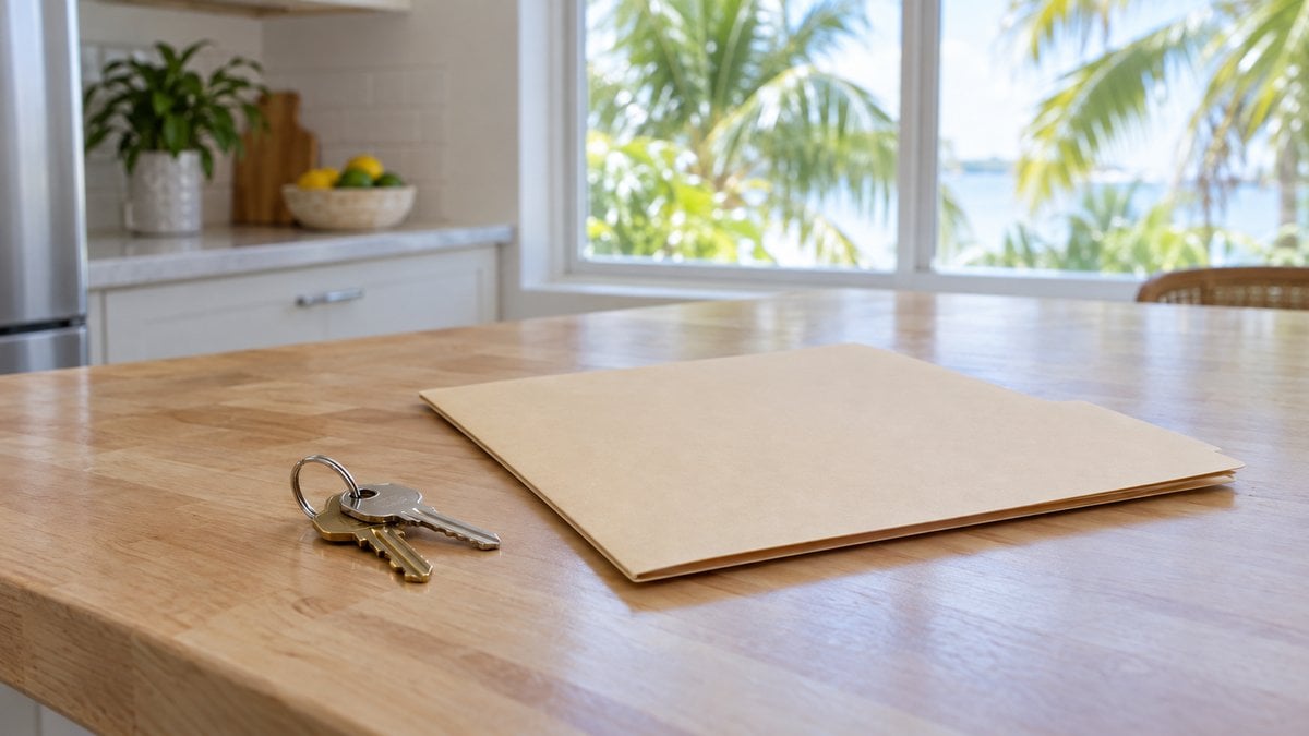 House keys and a closed folder on a wood kitchen counter in a bright Florida home, representing an earnest money deposit on a home purchase