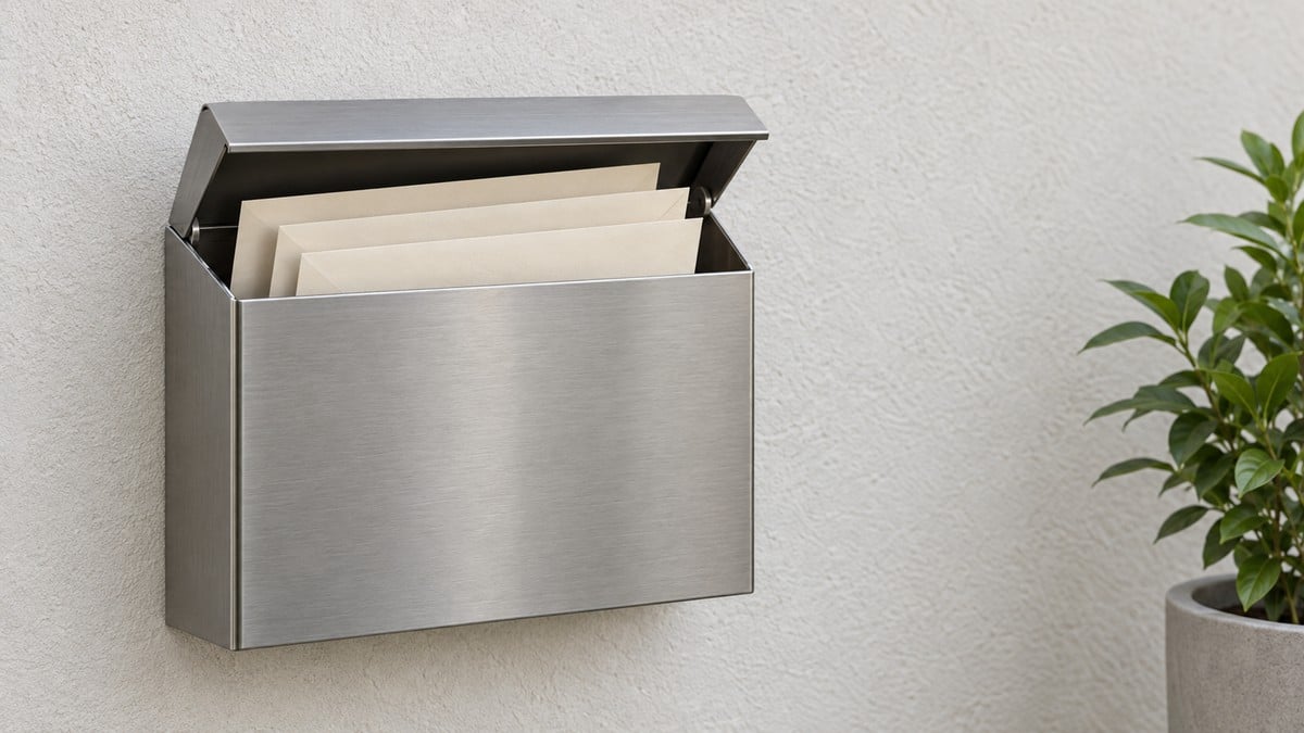 AI-generated editorial illustration of an unmarked wall mailbox with blank envelopes for an HOA document guide; not evidence of an actual notice delivery.