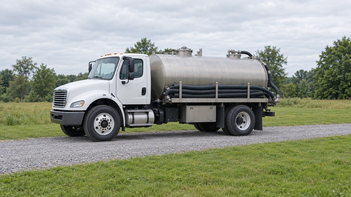 AI-generated editorial illustration of an unbranded septic service truck on a generic gravel drive; not a named company, actual property or inspection.