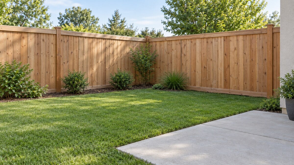 AI-generated editorial illustration of a generic timber fence, grass lawn and concrete patio corner for a Florida survey and title-review checklist; not a specific property or documented boundary.