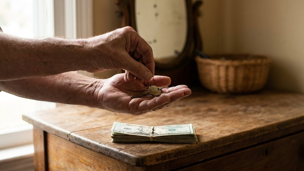 Hands counting coins over a folded stack of bills on a wooden dresser, for a post on Florida Hometown Heroes down payment assistance