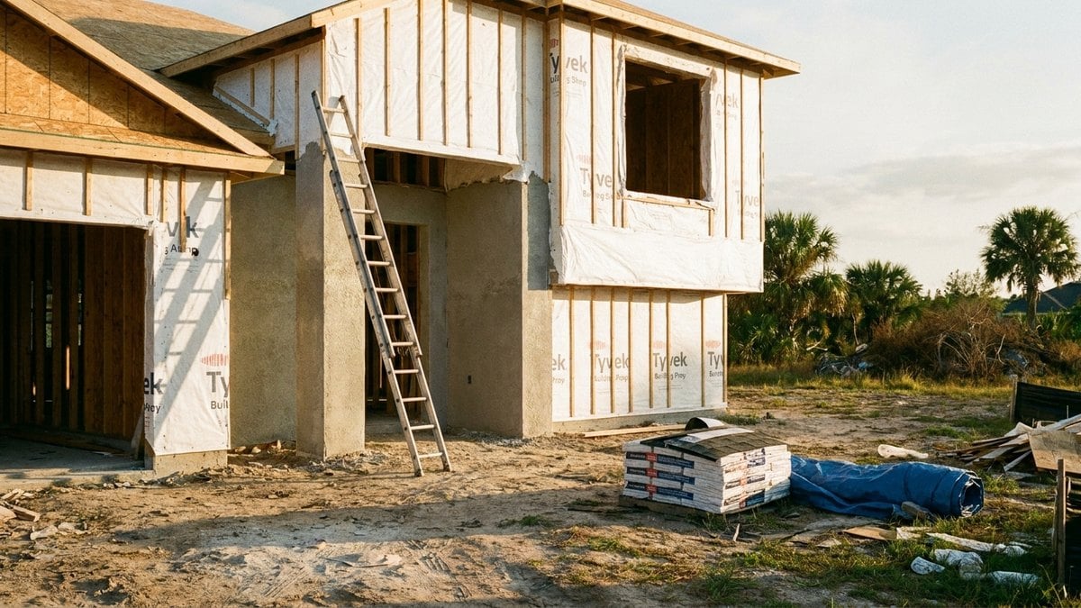 Two-story home under construction with house wrap, a ladder and materials on the lot, for a post on Florida's new-home warranty