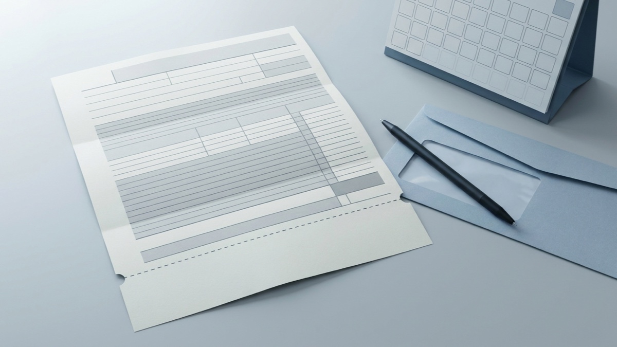 AI-generated editorial illustration of a large annual property tax statement with a perforated tear-off payment stub lying on a pale gray desk beside an opened window envelope, a pen and a desk calendar with blank date squares. Not a particular property and not an actual tax bill.