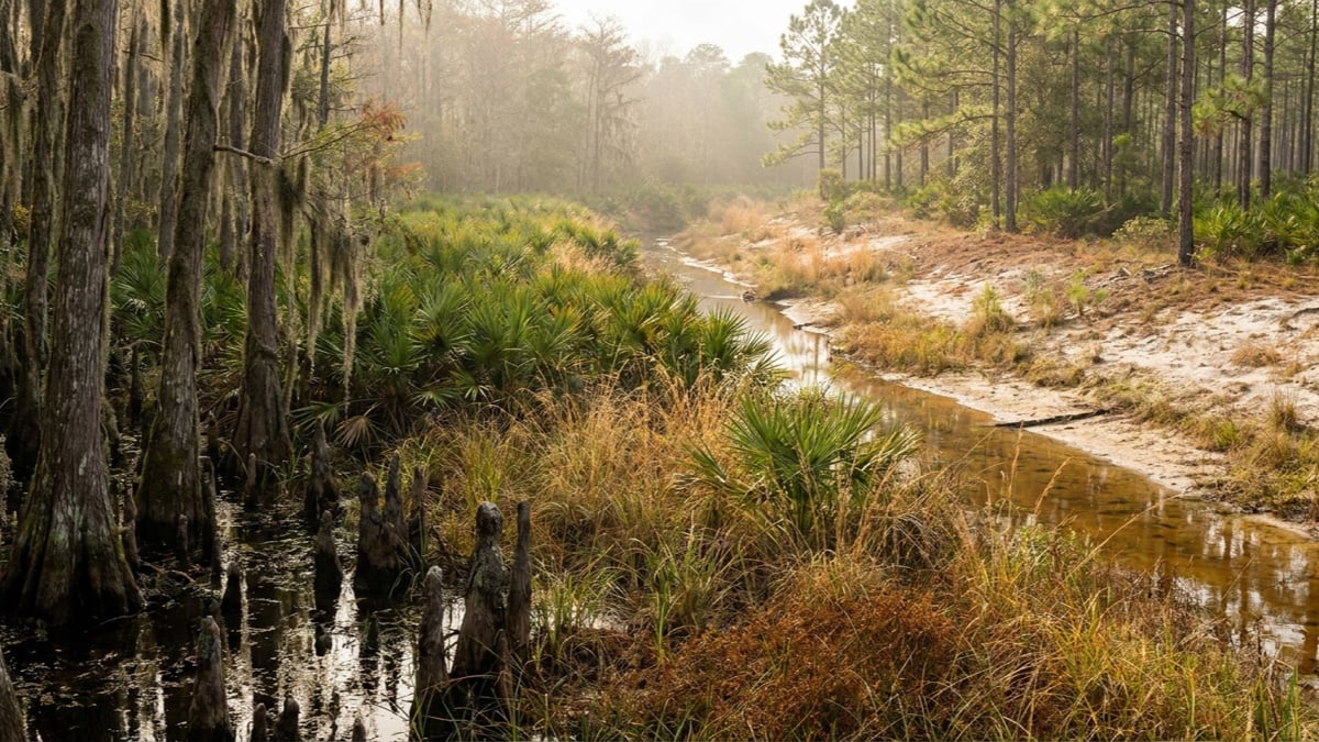 AI-generated editorial illustration of a Central Florida wetland edge: bald cypress trunks and cypress knees standing in dark water on the left, a band of saw palmetto and wiregrass through the middle, a shallow tea-colored drainage swale, and dry pale sand with slash pine flatwoods beyond it in late afternoon haze. Not a photograph of a particular property or parcel.