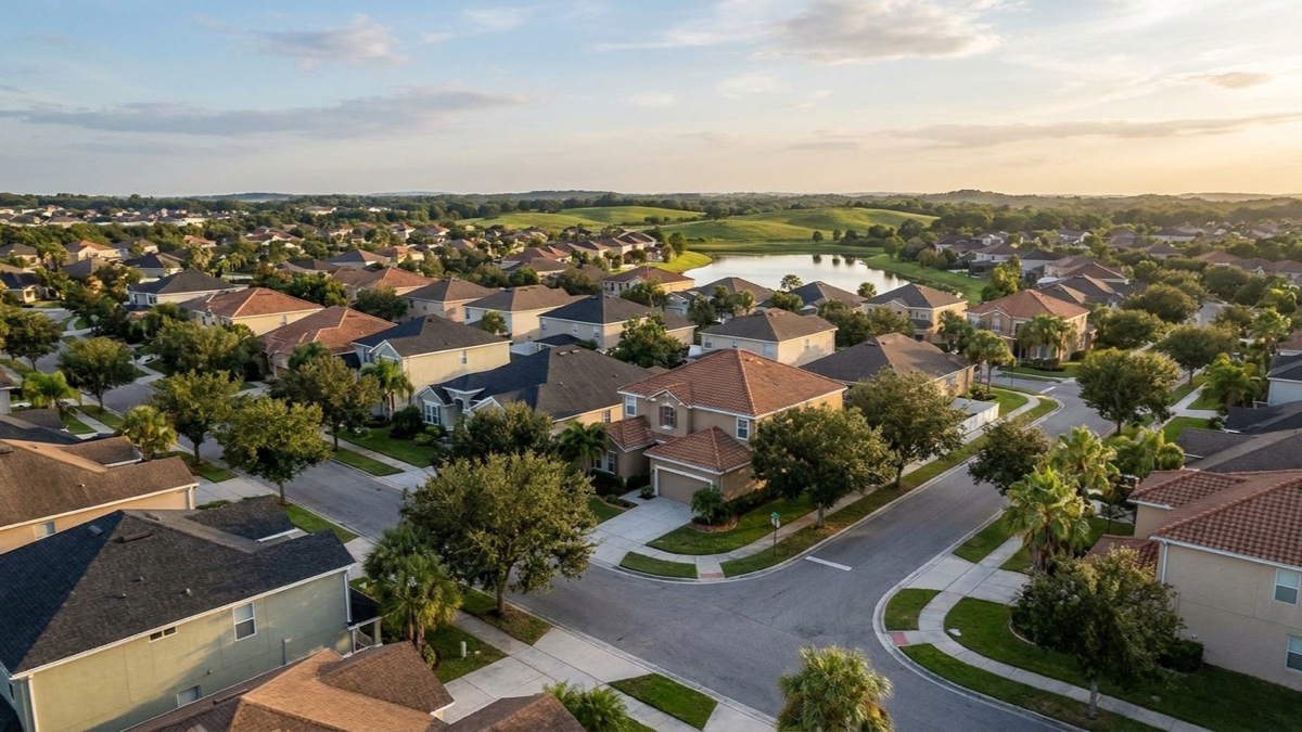 AI-generated editorial illustration of an established Central Florida single-family neighborhood seen from above, with rows of one and two story homes, mature oaks and palms, curving streets and a small lake beyond. Not a particular property or community.