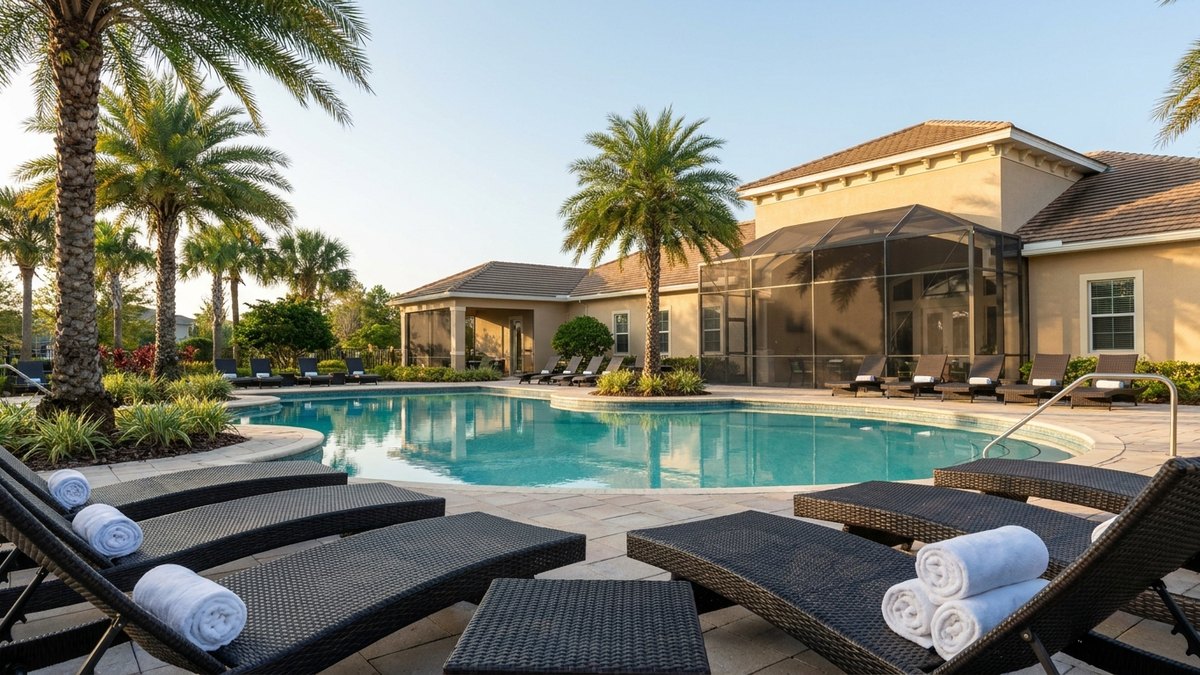 Community pool with lounge chairs and rolled towels beside a clubhouse, for a post on HOA rules and short-term rentals in Florida