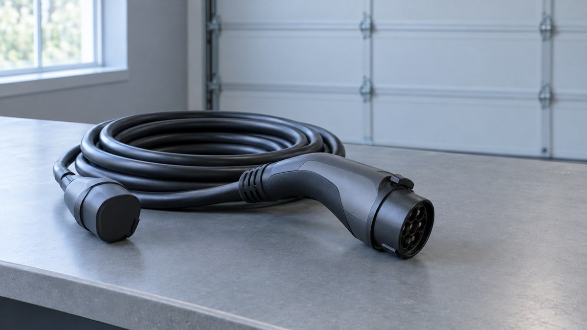 AI-generated editorial illustration of an unbranded EV charging connector and coiled cable on a garage workbench; not a specific product, property or proof of a safe installation.