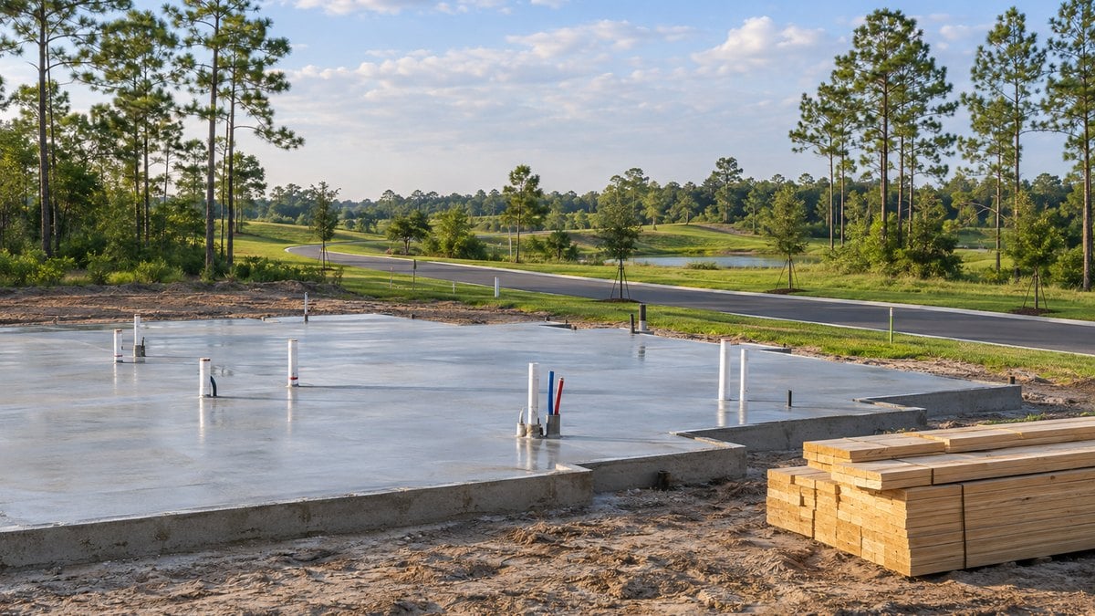 New home slab foundation with plumbing stub-outs and stacked lumber beside a new subdivision road in Lake County, Florida