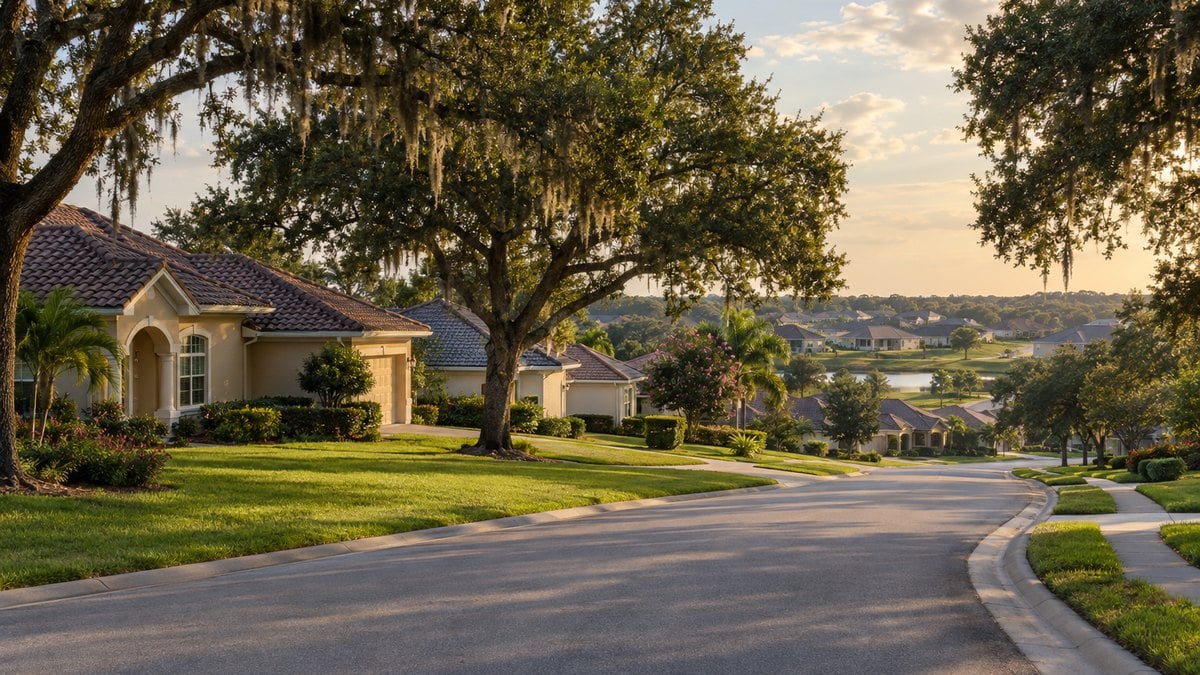 AI-generated illustration of a Central Florida residential street with tile-roof homes and live oaks