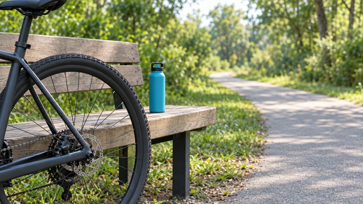 AI-generated editorial illustration of an unbranded bicycle, park bench and water bottle beside a generic paved path; not either named Minneola or Clermont park.