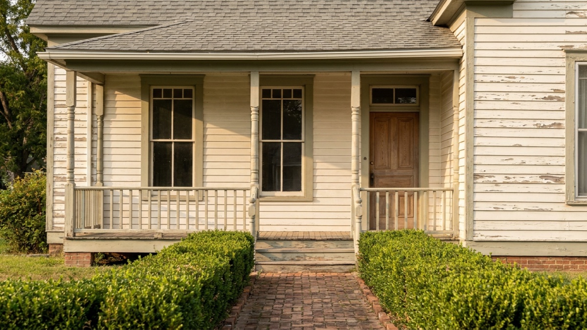 AI-generated editorial illustration of the front of an older wood-frame house with a covered porch, turned posts, clapboard siding, double-hung windows and a transom door. Not a particular property or address.