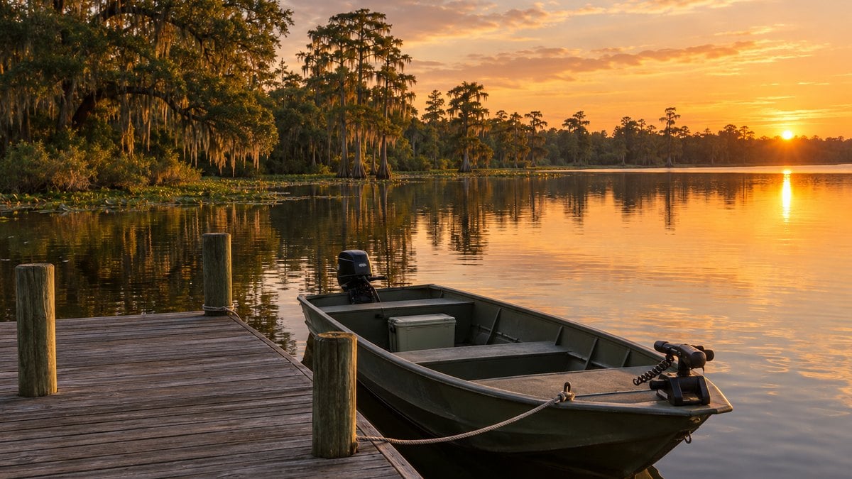 AI-generated illustration of a small fishing boat tied to a wooden dock on a Central Florida lake at sunset
