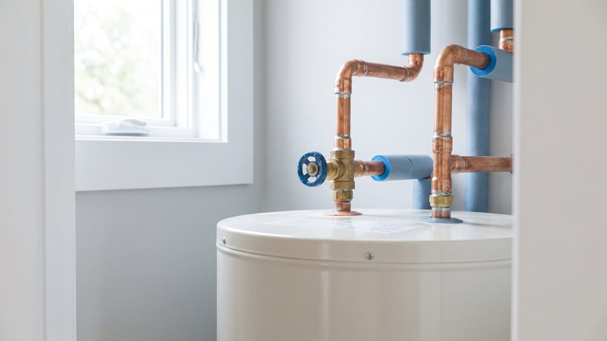 Illustrative close-up of a water heater and copper plumbing in a finished utility alcove, for an article about open building permits.
