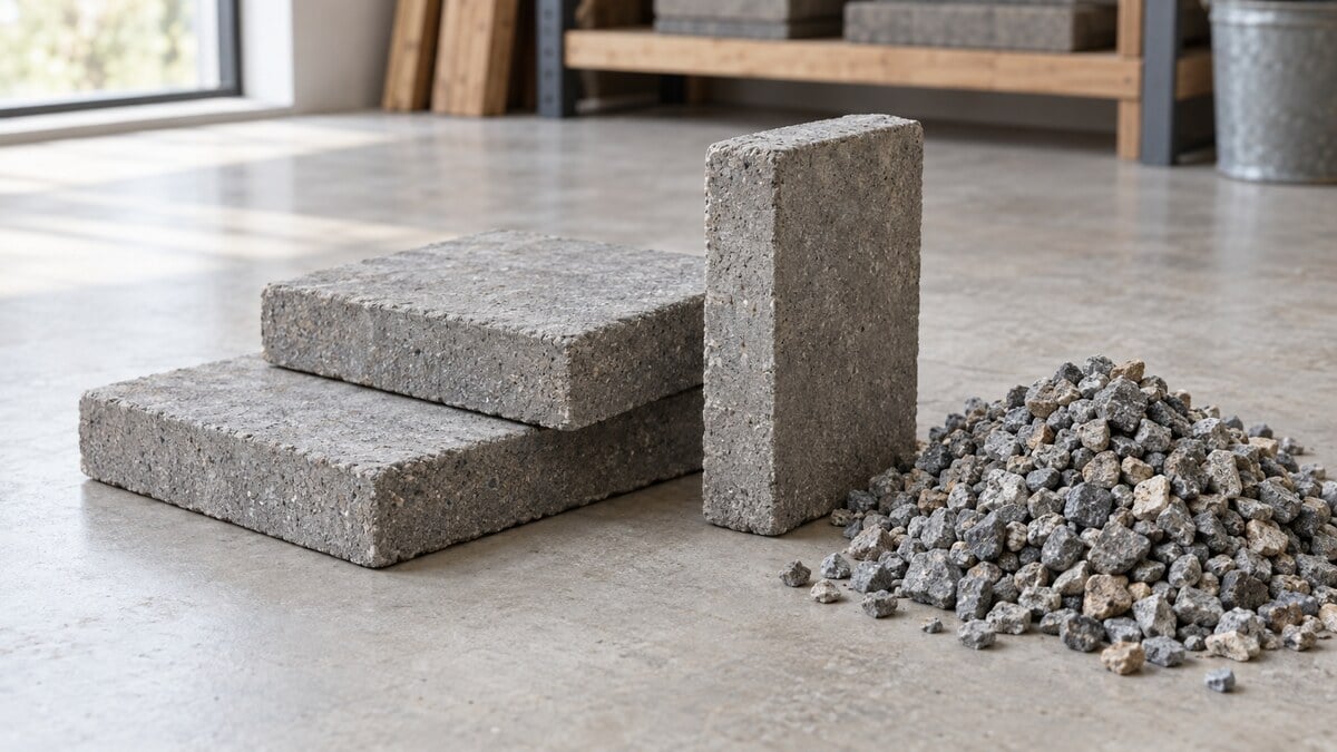 AI-generated editorial illustration of gray concrete paving stones and gravel in an indoor workshop for an Orange County driveway-permit guide; not an actual project or permit approval.
