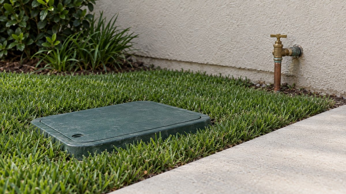 AI-generated editorial illustration of an unmarked closed irrigation valve box in grass beside a walkway and plain shutoff valve; not an actual Orange County installation or proof of property service.