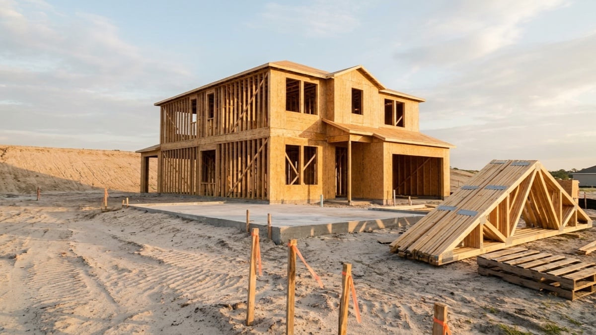 AI-generated editorial illustration of a two-story house at the wood-framing stage standing on a bare sandy lot, with an exposed concrete slab, wooden surveyor stakes and a stack of roof trusses nearby. Not a particular property, community or builder.