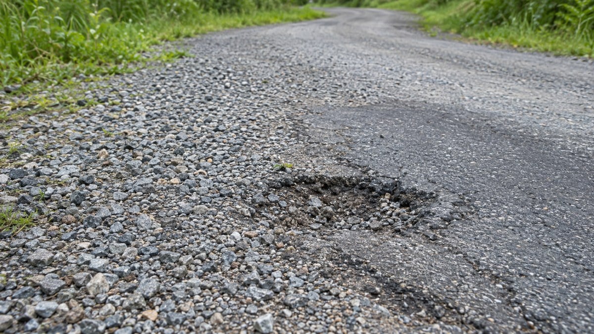 AI-generated editorial illustration of a generic gravel and asphalt road surface with a shallow pothole; not a particular property, local road condition or maintenance assessment.