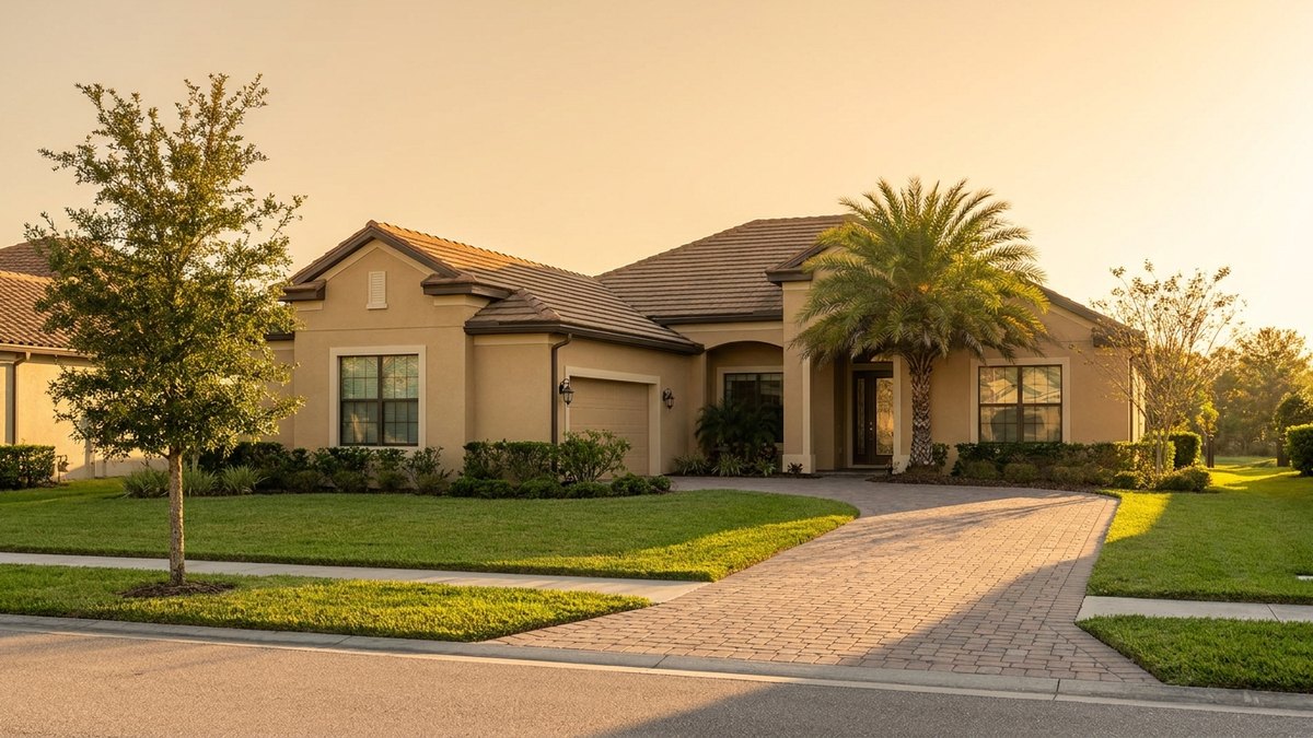 Single-story Central Florida home with a paver driveway and palms at golden hour, for a post on when to reduce a listing price