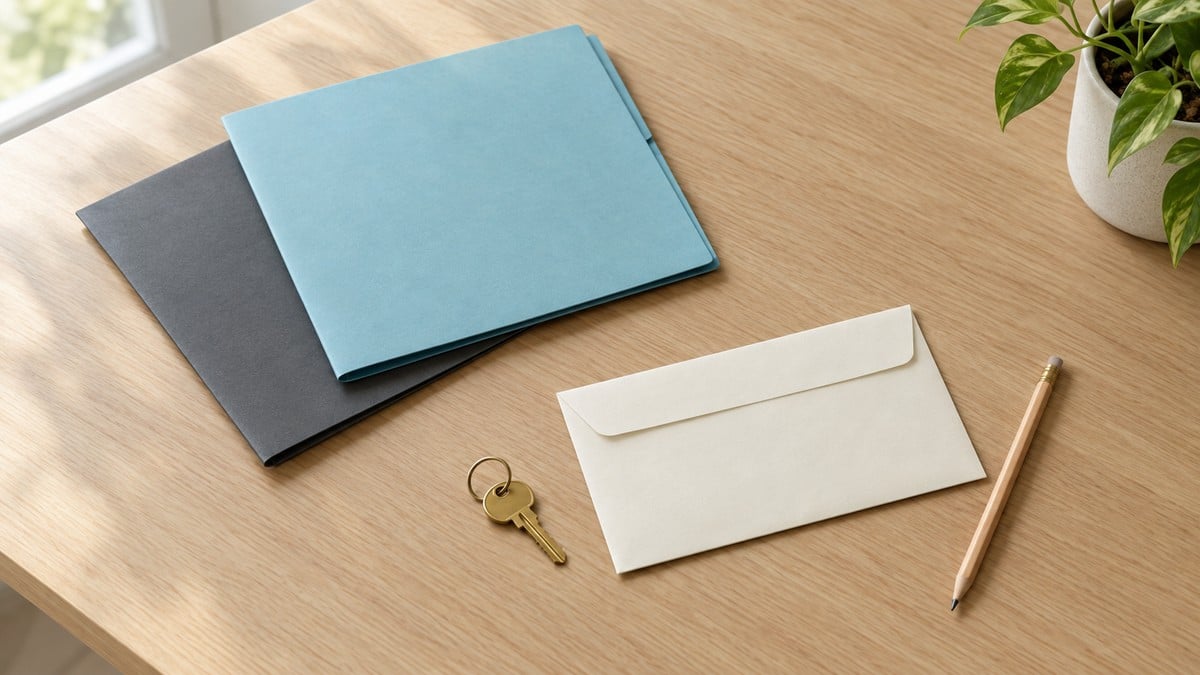 AI-generated editorial photograph of blank folders, an envelope and a house key for planning a Florida homestead portability transfer.