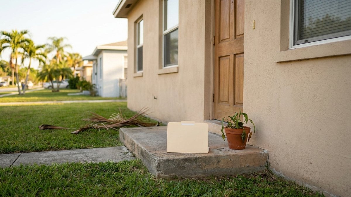 Front entry of a Florida home with a plain envelope on the step, for a post on selling an inherited house through probate