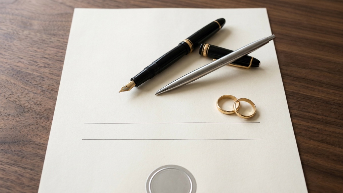 AI-generated editorial illustration of a blank cream legal document page on a dark walnut table, showing two separate blank ruled signature lines, a black fountain pen and a silver pen resting on the page, two plain gold wedding bands and a plain round embossing seal near the lower edge. Not a particular property and not an actual recorded deed.