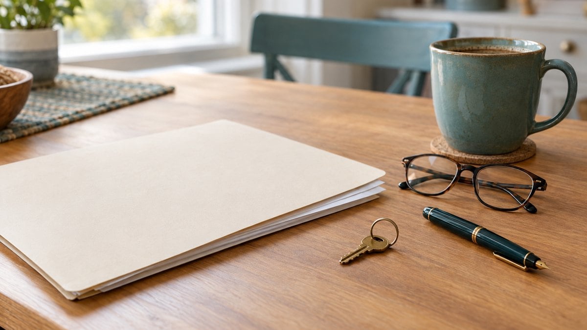 Kitchen table with an unmarked folder of papers, a house key, a pen and reading glasses, illustrating a Florida seller reviewing a subject-to offer