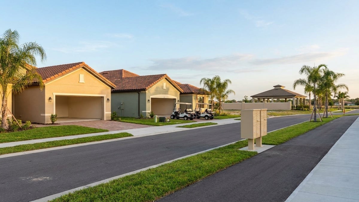 AI-generated editorial illustration of a newly built single-story residential street with tile-roof stucco homes, open garages, two parked golf carts, a cluster mailbox kiosk, young palm trees and a covered community pavilion in the background. Not a particular property or community.