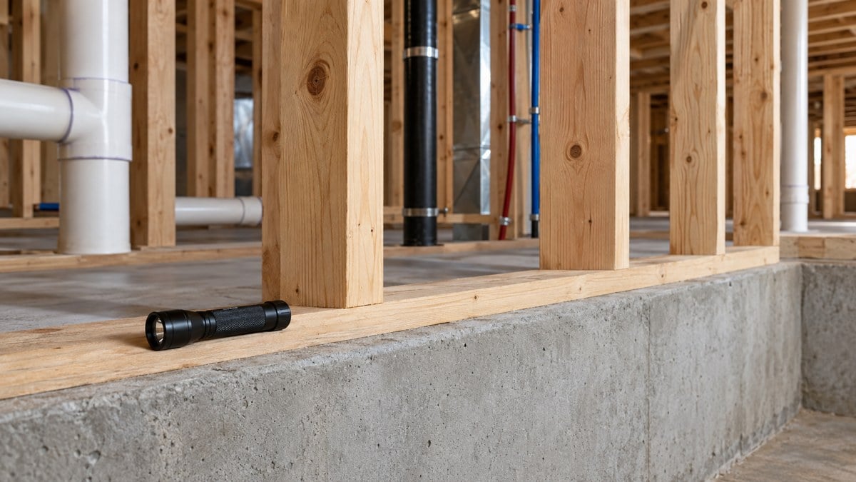 AI-generated editorial illustration of clean wood framing, a concrete foundation edge and an unbranded inspection flashlight; not a property inspection or pest finding.