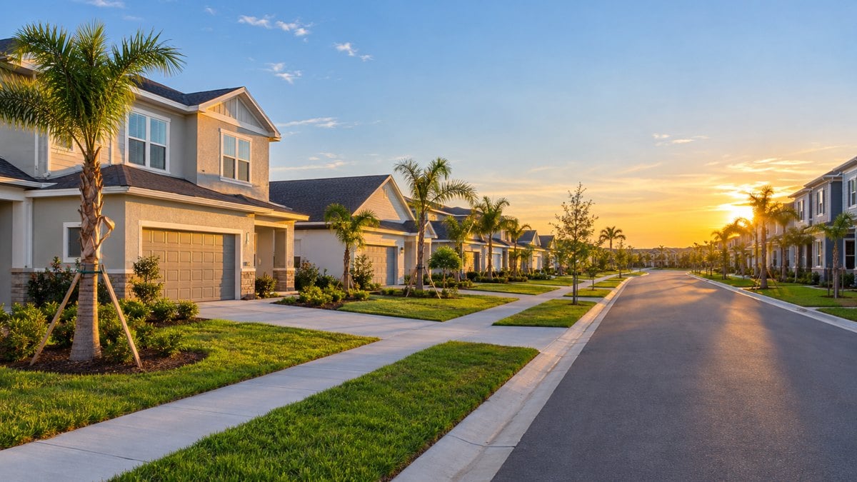 Newly built Central Florida neighborhood street with homes, townhomes and young palm trees at sunset