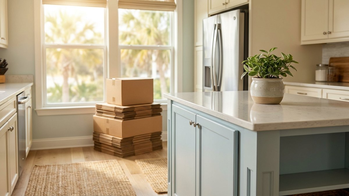 Bright Florida kitchen with moving boxes on the floor and a plant on the island, for a post on the full monthly cost of owning a home