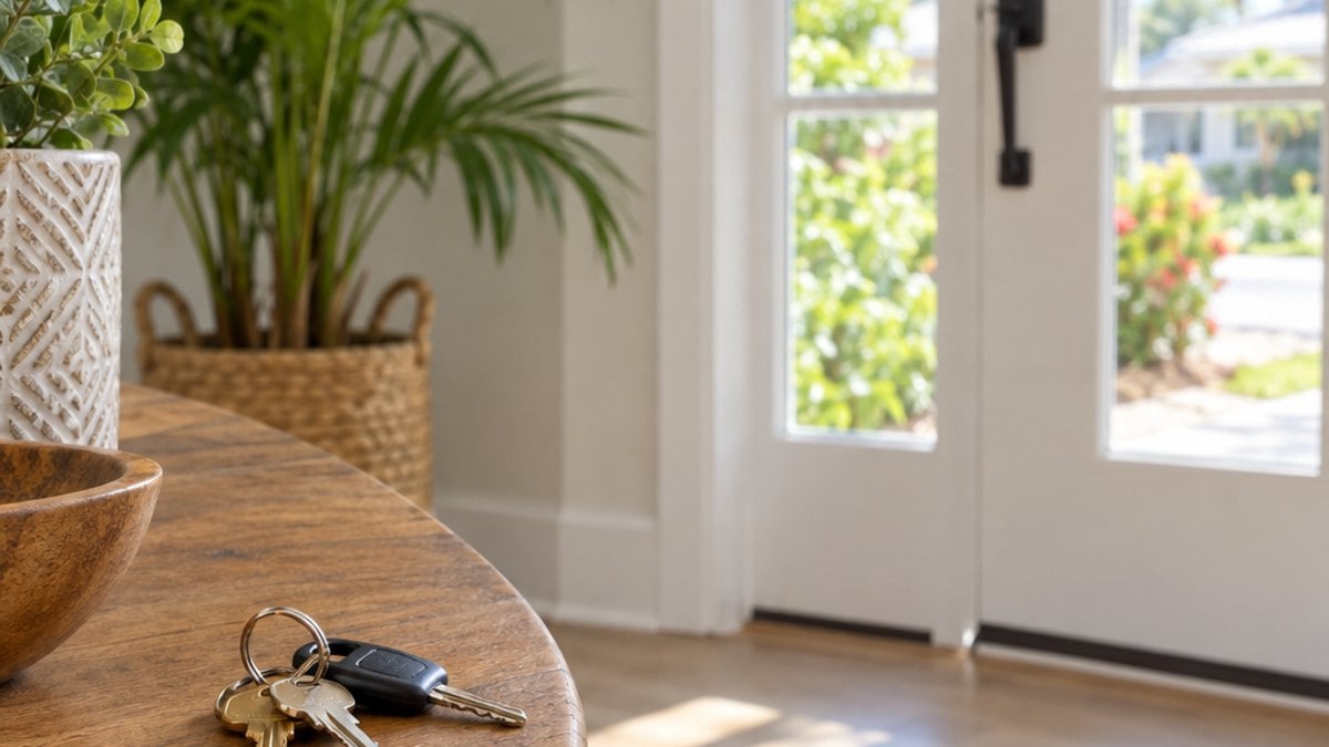 House keys on a wooden table near a bright front door of a Florida home