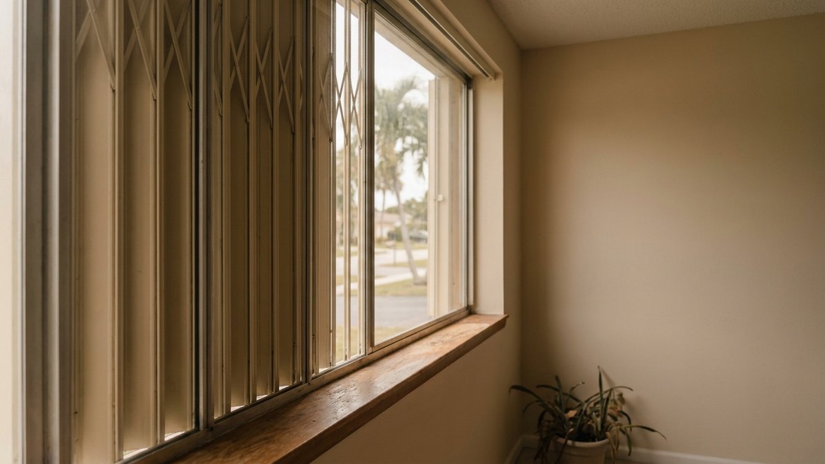 Window with accordion hurricane shutters in a sunlit room, for a post on wind mitigation inspections and insurance discounts