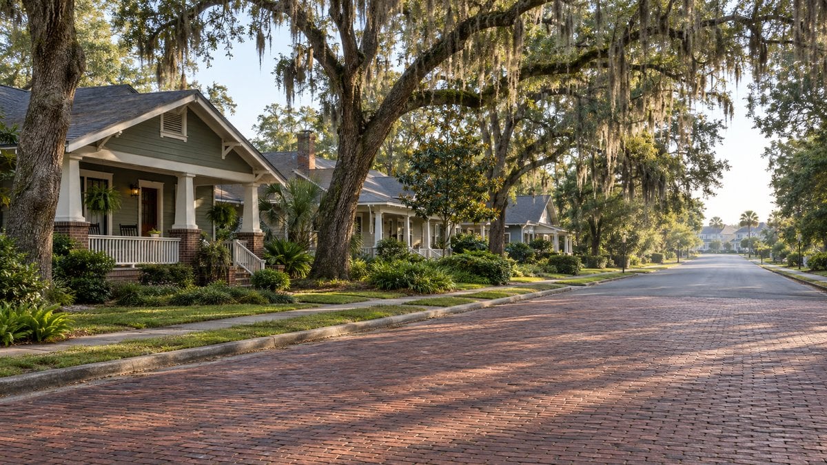Brick-paved residential street lined with craftsman bungalows and live oaks, with newer homes in the distance, illustrating the edge of a Central Florida town