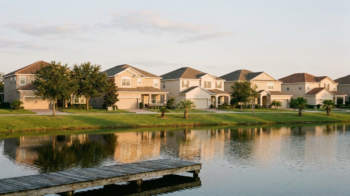 AI-generated editorial illustration of a row of large two-story Central Florida homes with pale stucco walls, tile and shingle roofs and two-car garages, seen across a calm neighborhood lake at golden hour, with a wooden dock in the foreground, clipped lawns, live oaks and young palms. Not a particular property or community.